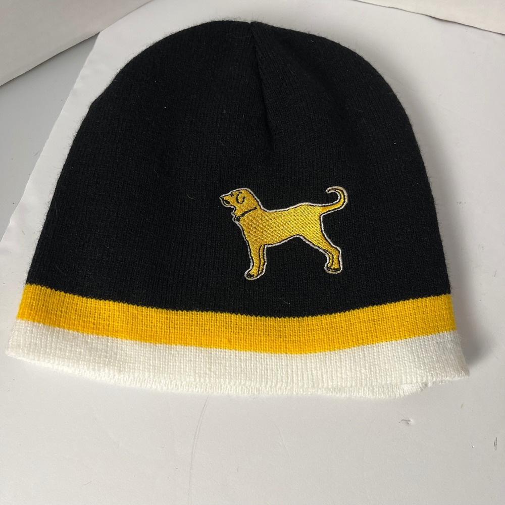 The Black Dog Beanie Hat Black Yellow White Striped Embroidered Logo B Cap